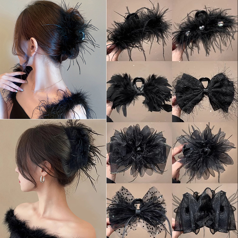 Clip de plumas grande de alta calidad horquilla de piel de avestruz hembra arco clip de tiburón negro japonés y coreano clip tocado