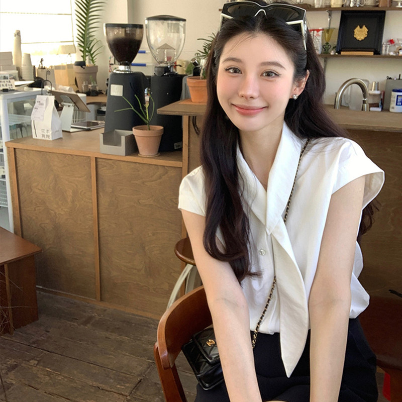 French-Style Polo Collar Shirt with Ribbon Design, Unique White Shirt for Women, Summer Elegant Shirt, Slim-Fit Short-Sleeve Chic Top French-Style Polo Collar Shirt with Ribbon Design, Unique White Shirt for Women, Summer Elegant Shirt, Slim-Fit Short-Sleeve Chic Top