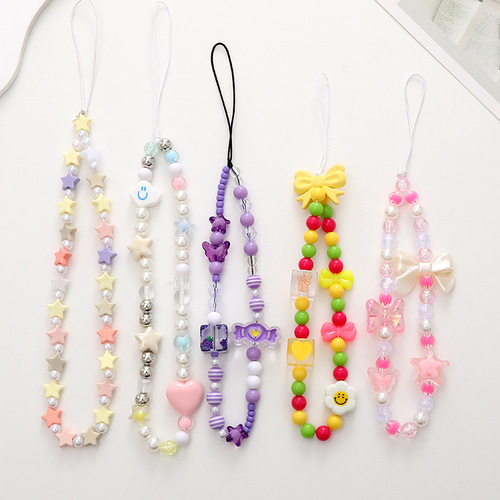New candy cartoon bow mobile phone chain beaded mobile phone lanyard mobile phone case pendant anti-fall wrist strap for women