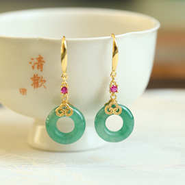 S925银镶嵌天然非洲翠甜甜圈如意纹造型新中式简约款百搭女士耳环