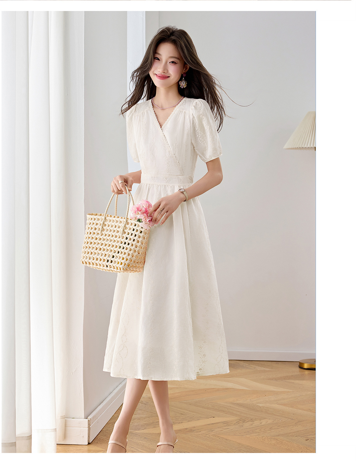 Đầm chữ A in hoa cổ V eo cao tay ngắn phối màu thanh lịch — Màu hồng, màu trắng ngà chi tiết 21
