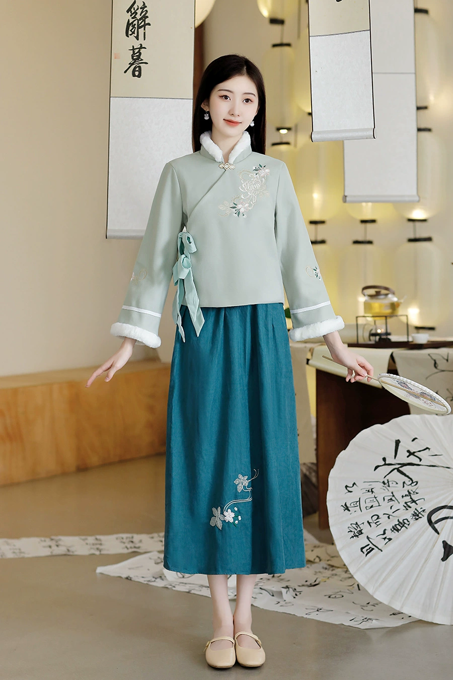 Демисезонное ретро-у Green длинный рукав, юбка, комплект, китайский стиль