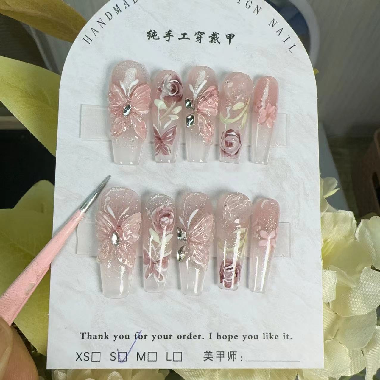 QiYue manicure mariposa hecha a mano temperamento alto blanquear usar manicure