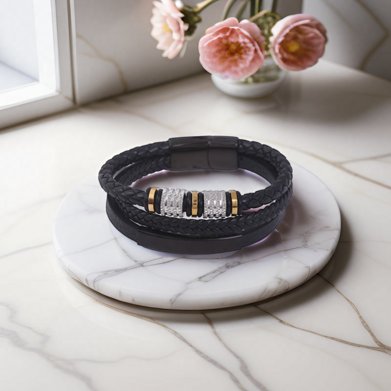 New Amazon Multi-Layer Woven Bracelet Creative Men's Leather Bracelet Personalized Fashion Titanium Steel Leather Bracelet Accessories