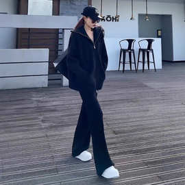 高级感休闲时尚运动套装冬季新款拉链黑色宽松加厚上衣两件套女装