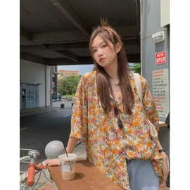 vintage复古夏威夷碎花短袖衬衫男女港风休闲宽松沙滩情侣衬衣潮