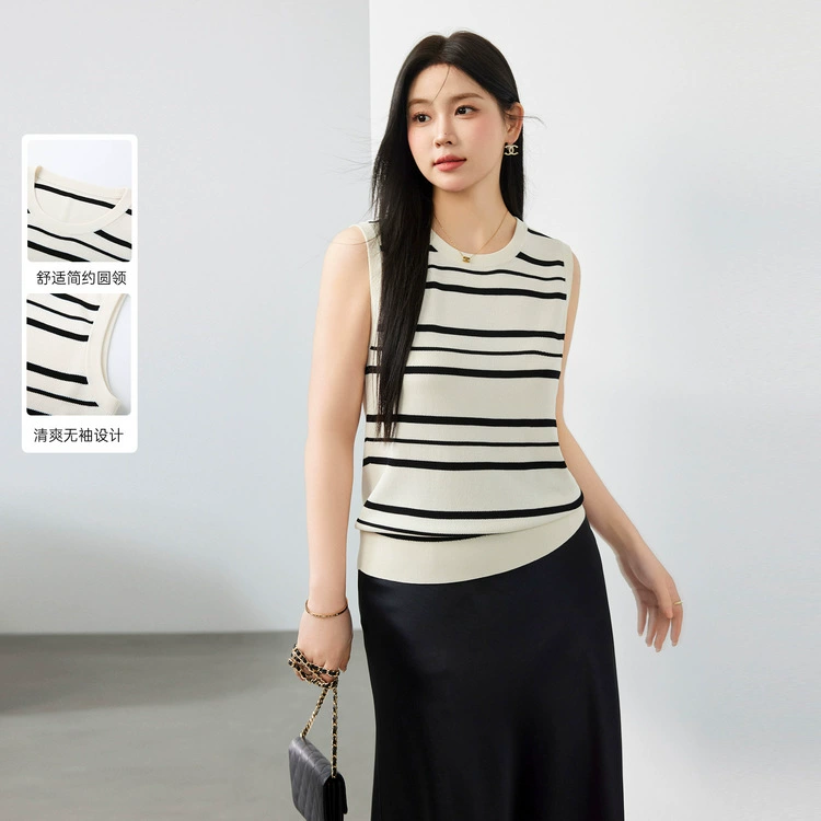 Полосатый большой размер женской одежды классический полосатый темперамент трикотажный жилет с круглым вырезом