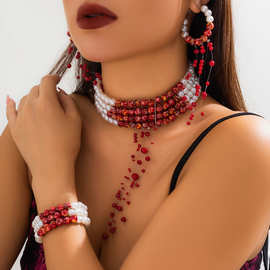 欧美跨境饰品 哥特风珍珠项链choker 创意万圣节血滴流苏锁骨项饰