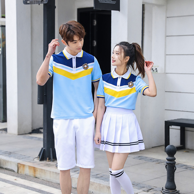 中學生班服學院風校服套裝新款蔚藍T恤六一畢業照夏季運動服批發