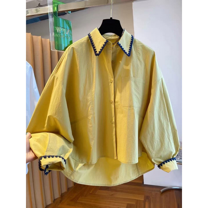 Korean Style Yellow Long-Sleeved Shirt for Women Early Autumn 2025 New Loose Contrasting Color Chic Lace Splicing Shirt
