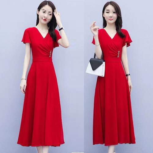 Fashionable dress New summer large-size women's clothes waist waist to show slimming temperament V-neck fashionable dress
