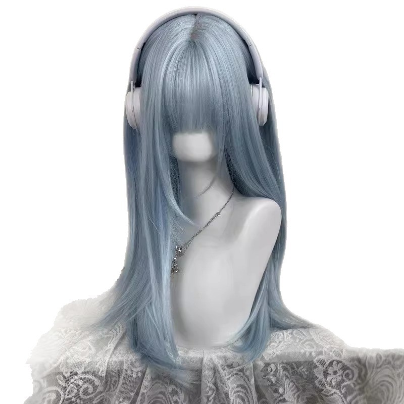 Perruque longue et lisse « Ice Sea Wave Blue » pour femme – Perruque complète tendance à couches superposées pour déguisement
