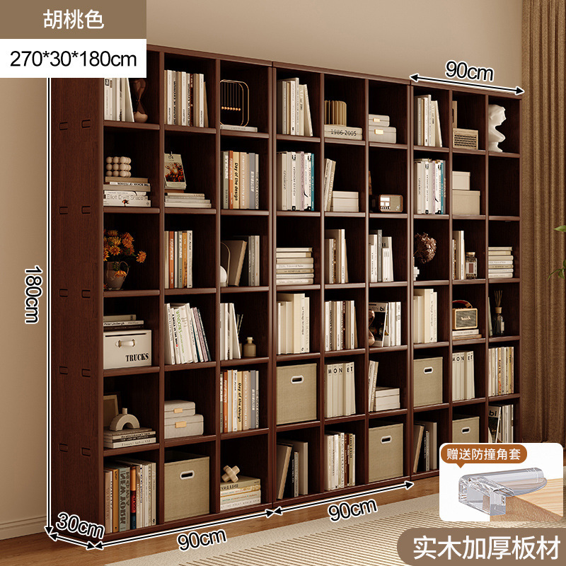 Estantería de madera maciza, estantería de pared completa, todo en la parte superior, sala de estar, color nogal, pared completa, vitrina para el hogar