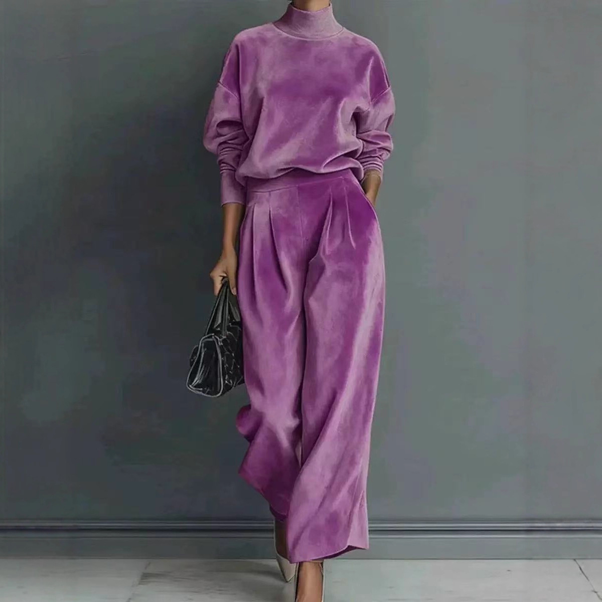 Hochwertiges zweiteiliges Strickset für Damen im europäischen und amerikanischen Stil – Herbst/Winter: Langarmshirt und weite Hose._voghion.com
