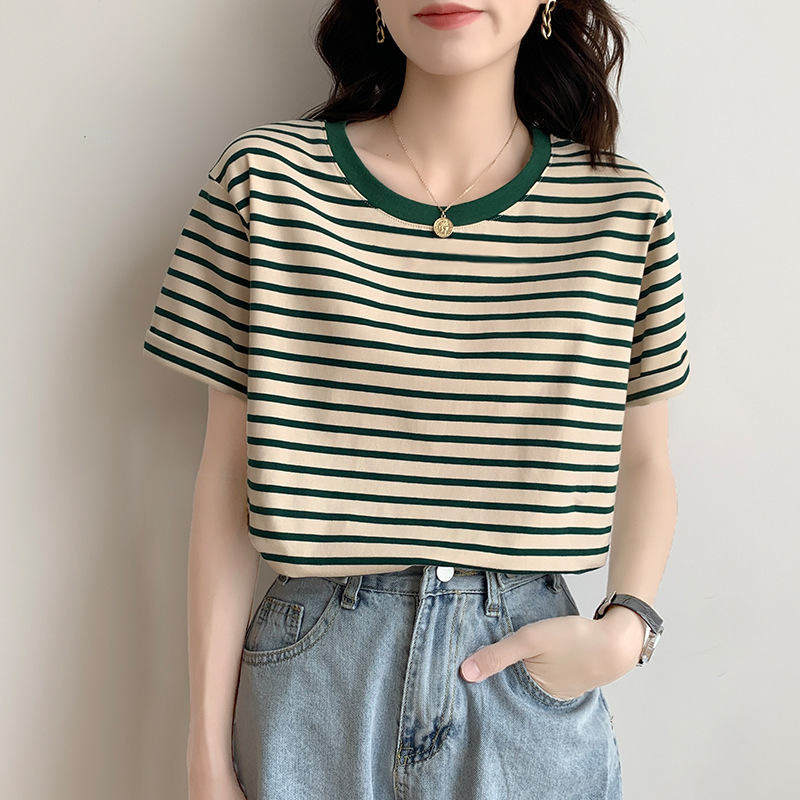 Pure Cotton Short-Sleeve Striped T-Shirt for Women, Summer 2026 New Style, Loose Half-Sleeve Casual Base Shirt with Regular Shoulders