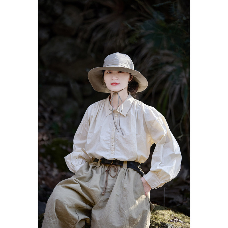 Spring and Summer New Style Artistic Retro Original Japanese-Style White High-Quality Cotton Half-Open Front Explorer Casual Thin Shirt
