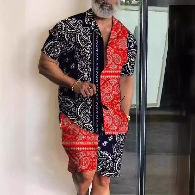 Verano Amazon venta caliente impresión 3D suelta camisa de manga corta traje casual hawaiano estampado de dos piezas para hombre