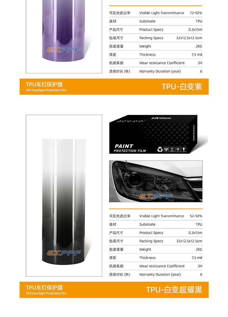 Photochromic Tpu Headlight Protective Film, Anti-Scratch, Self-Healing, Scratch-Resistant, Automotive Supplies, Tinting Film, Blackening Modification Wholesale