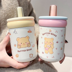 バター熊保温カップ女子高颜値316ステンレス大容量携帯学生かわいいストローカップ