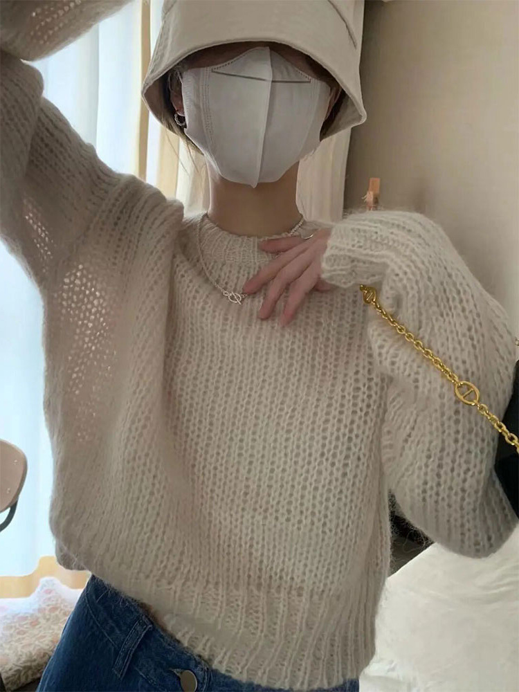 0768温柔软软糯糯上衣超好看白色粗棒线马海毛针织衫毛衣女秋冬