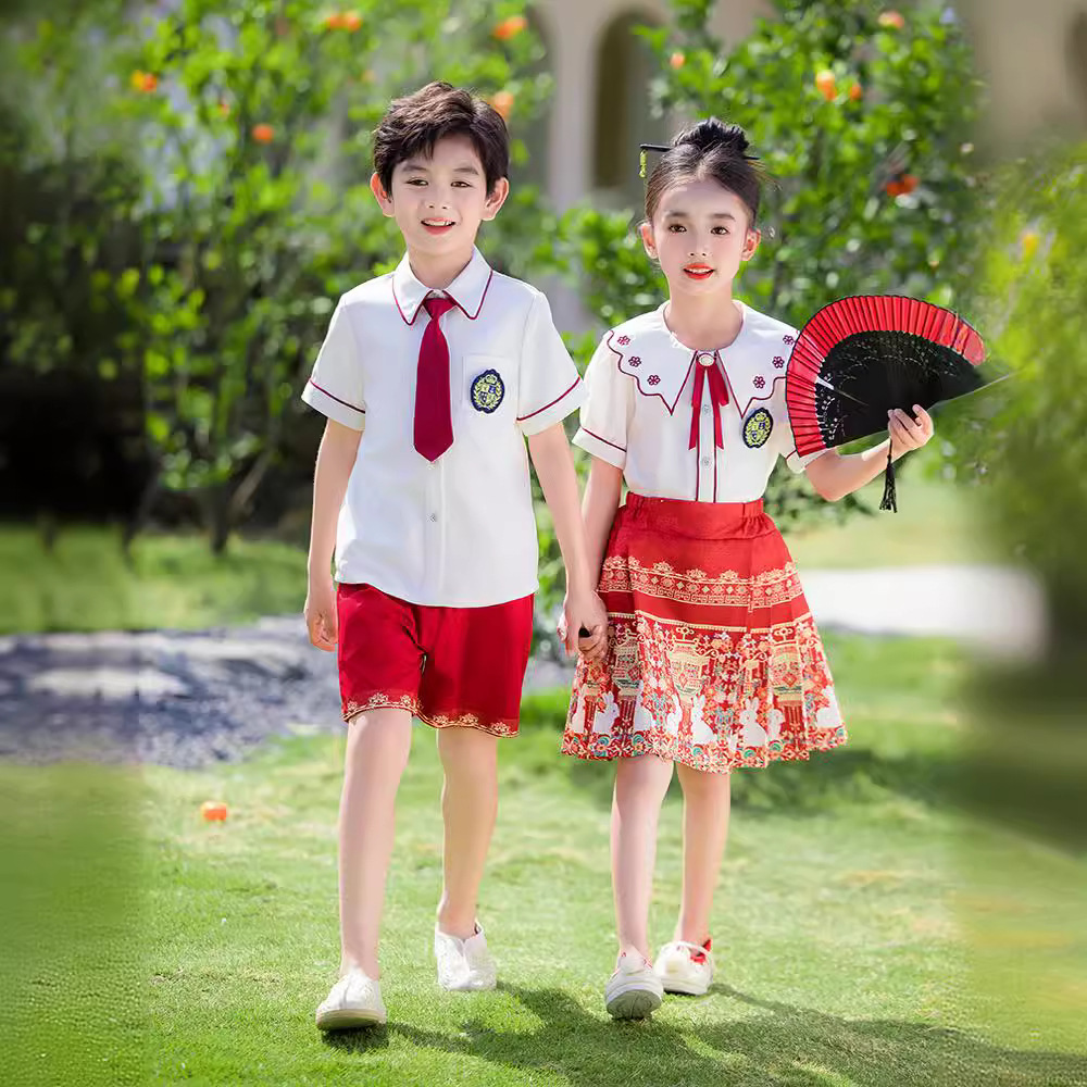 소녀를위한 말 얼굴 스커트 2024 세트 새로운 여름 고급 어린이 한푸 국가 스타일 공연 의류 학교 초등 및 중등 학생을위한 유니폼