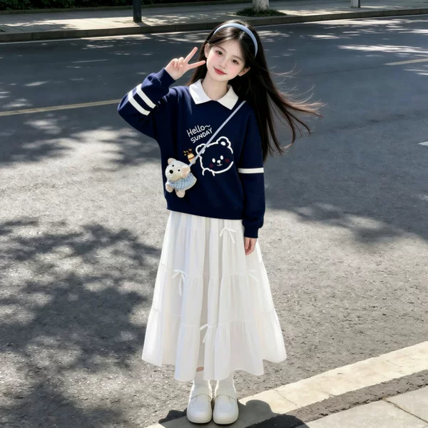 Girls' sports outfit, autumn wear, stylish and fashionable skirt for girls, sweatshirt and half skirt, college style two-piece set for older children