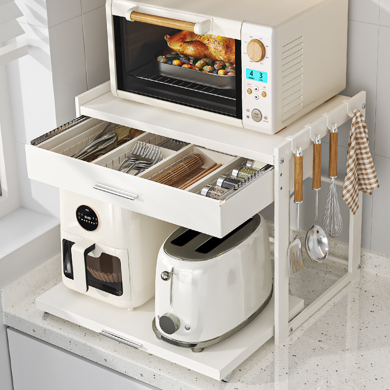 Drawer-Type Microwave Oven Storage Rack, Kitchen Countertop Double-Layer Rice Cooker, Pull-Out Appliance Storage Rack for Oven, Chopsticks, and Spoons