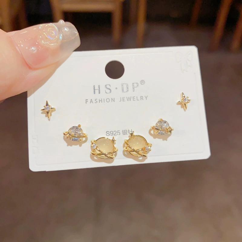 Серебряная игла, короткий цирконий, универсальные серьги, набор, образец серебра 925, микроинкрустация, японская и корейская стили, простой и элегантный дизайн, набор из 3 шт.