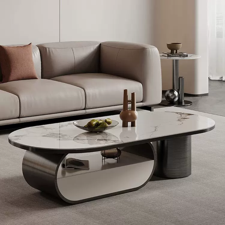 意式轻奢不锈钢岩板茶几电视柜家用现代简约椭圆形客厅茶几小户型