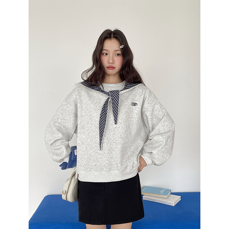 【巴黎小邮差】歌铭韩系通勤加绒可拆卸格子帽卫衣冬季上衣W776C