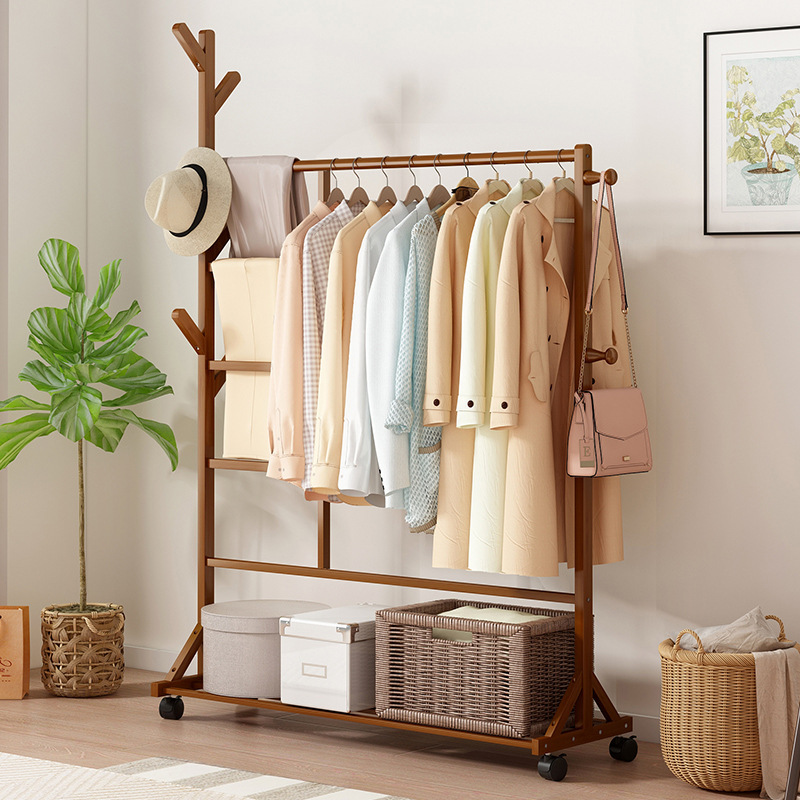 Floor hanger coat rack simple multi-functional household rental room storage rack mobile solid wood clothes hat rack