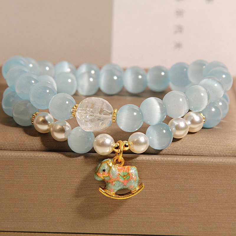 Nueva pulsera de doble círculo de ópalo rosa degradado chino para mujer, lujo ligero, nicho de alto nivel, lindo troyano, pulseras apiladas