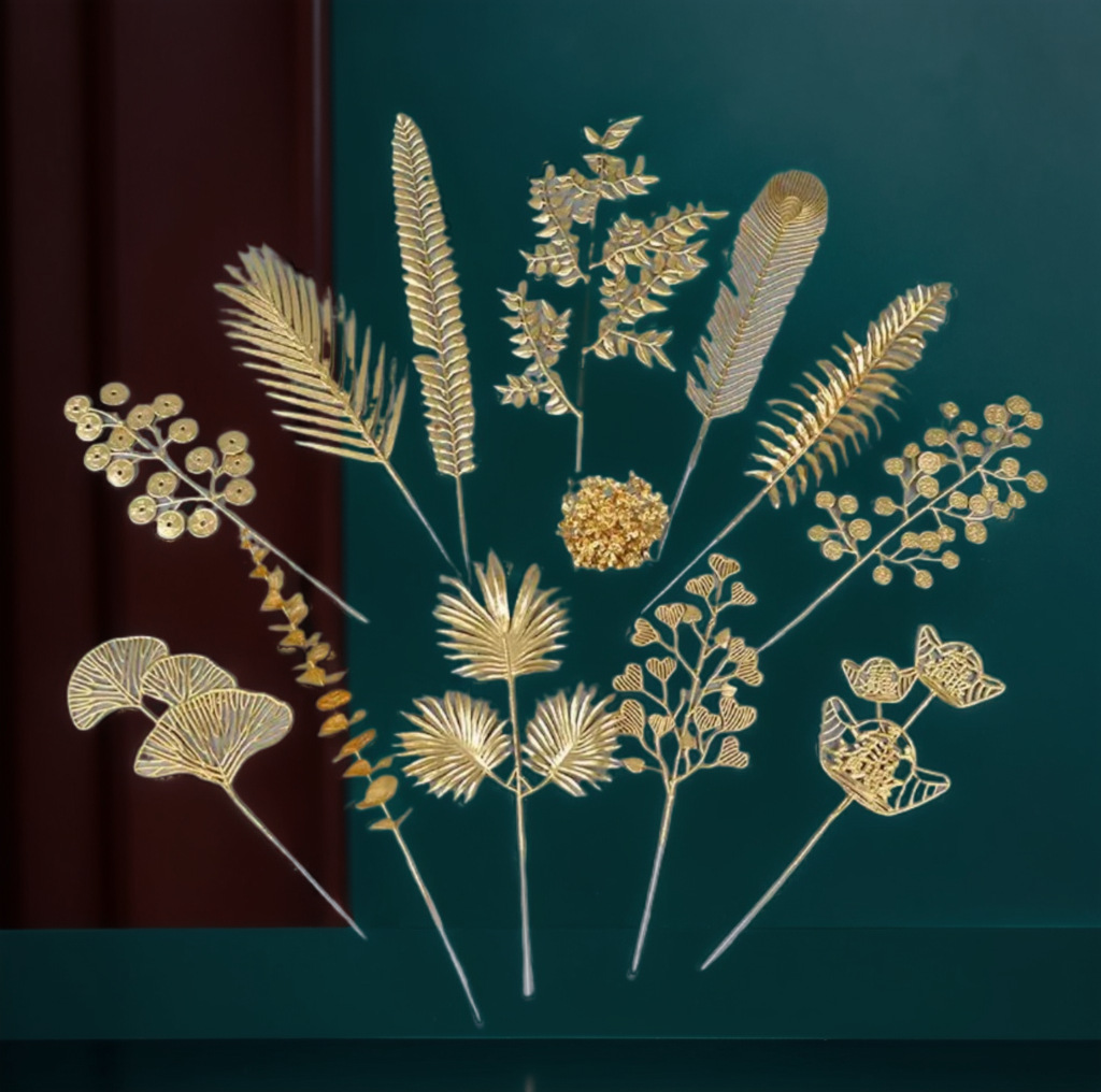 批发金色仿真花仿真植物尤加利发财扇银杏叶枫叶凤尾雪花婚礼装饰