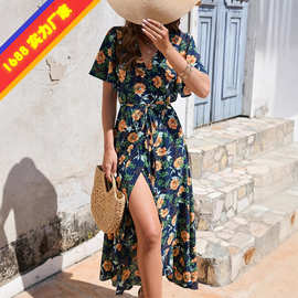 【定制】亚马逊跨境花卉印花荷叶边短袖不规则绑带沙滩度假连衣裙