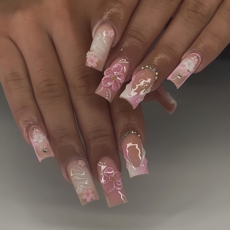 Cross-Border Hot-Selling Square Fake Nails, Pure Lusty Pink Flowers, Sparkling Diamonds, Wearable Nails, Removable Finished Products Wholesale Cross-Border Hot-Selling Square Fake Nails, Pure Lusty Pink Flowers, Sparkling Diamonds, Wearable Nails, Removable Finished Products Wholesale