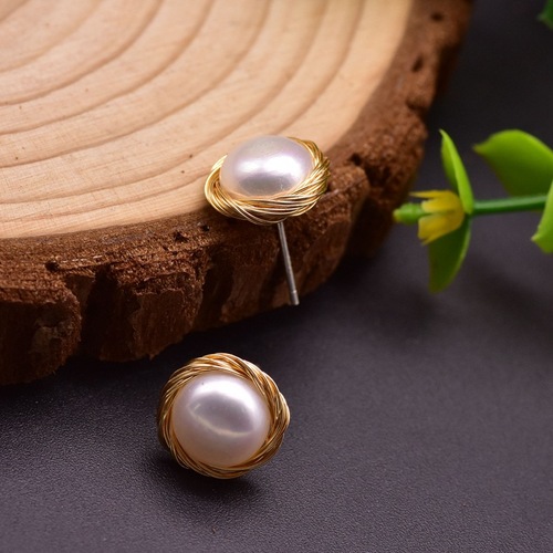 Earrings 925 sterling silver high-end pearl earrings high-end earrings wire winding retro niche design natural