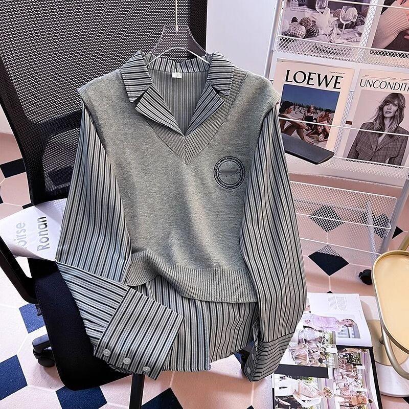 Korean-style V-neck knitted vest two-piece suit for autumn and winter 2024 new French striped shirt for women