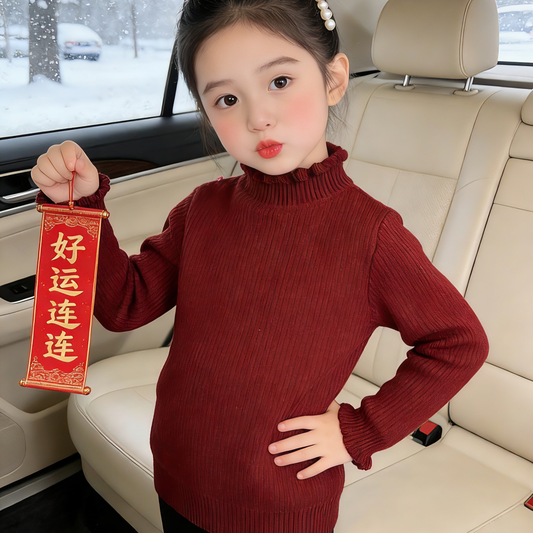 New Year's New Children's Fleece Warm Base Layer Sweater, High Neck, Ruffled Edge Knit Inner Layer, Fleece Lined and Thickened