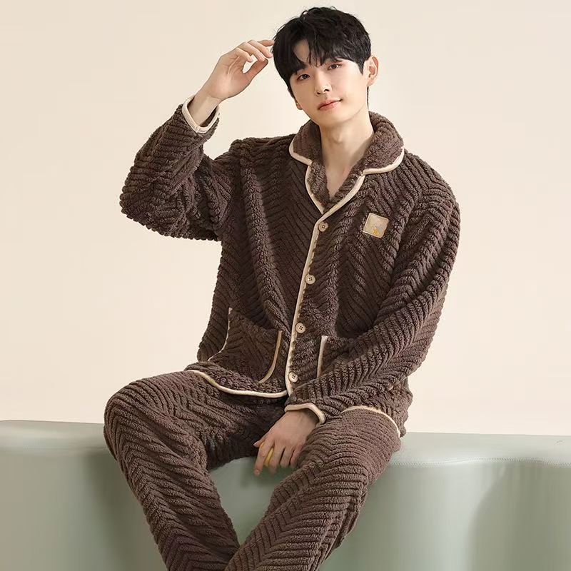 Pijamas de coral de lana de invierno para hombres con lana de invierno engrosado otoño invierno conjunto de ropa de franela 2025 nuevo
