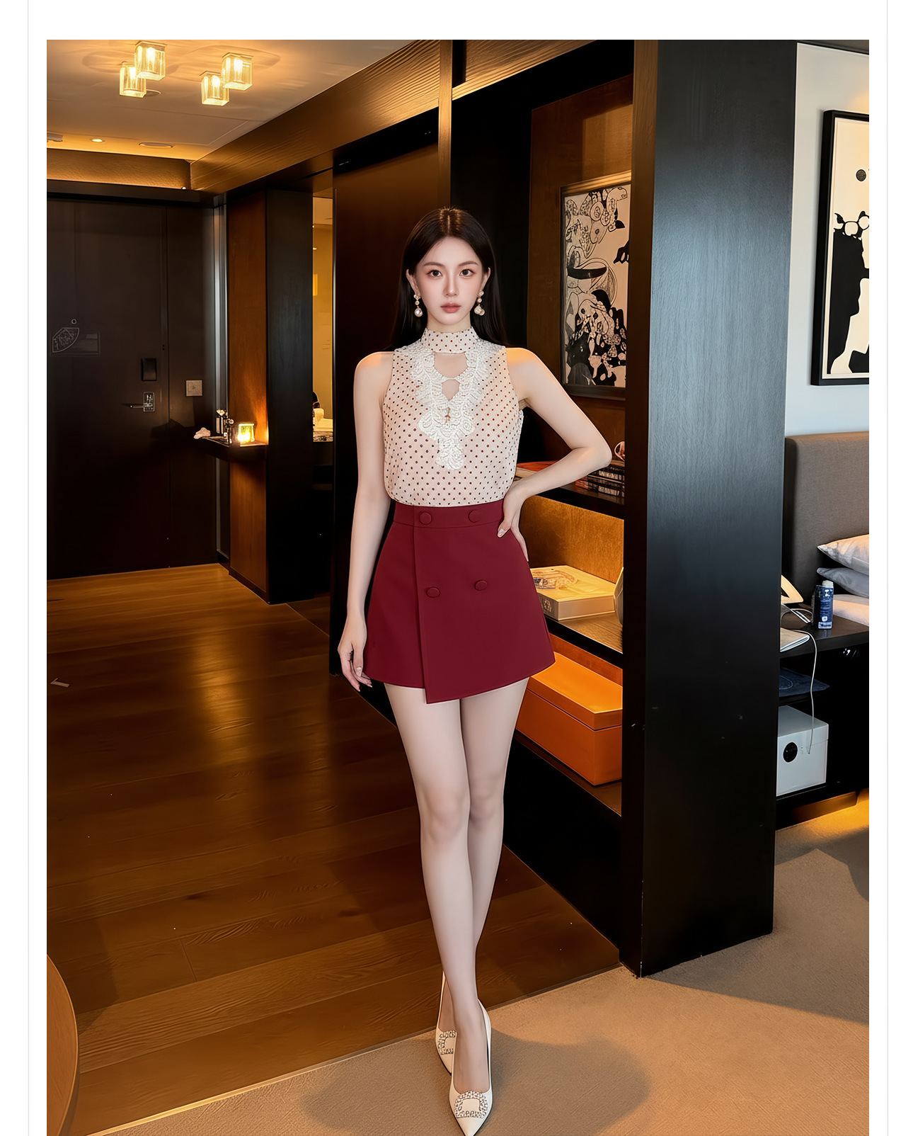 Bộ áo vest và chân váy ngắn họa tiết chấm bi phong cách tân cổ điển mùa hè — Trang phục [Vest+Half Dress], nửa váy, Trang phục [Áo vest+quần short], quần đùi chi tiết 6