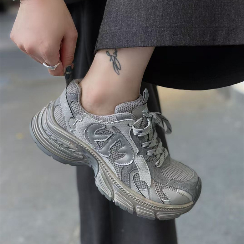 Genuine Leather Versatile Dad Shoes for Women Breathable 2025 Autumn New Sports Casual Jogging Mesh Shoes Fashionable Thick-Soled Shoes