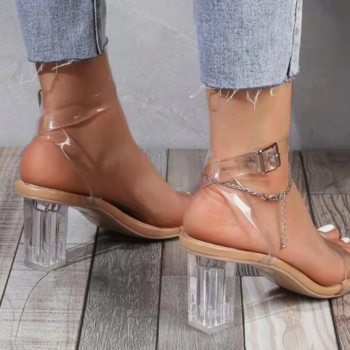 One-piece high-heel sandals for women, 2024 summer new style, thick heel PVC, European and American plus size 41-42 for ladies