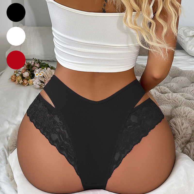 European Size Export Underwear Women's Ice Silk Splicing Lace V-Shaped Pure Lust Sexy T-Shaped Underwear Sexy Women's Mid-Waist Briefs