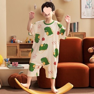 Boys' Medium Sleeping Bag Pure Cotton Short-Sleeved Home Clothes Kidsren's One-Piece Pajamas Pure Cotton Big Kidsren's One-Piece Pajamas Boys Summer