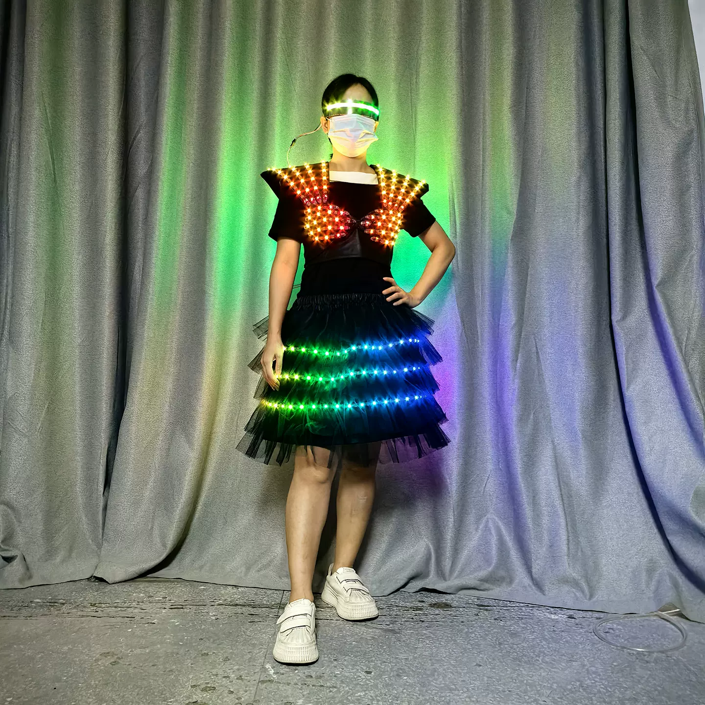 LED发光BAR蓬蓬裙电音派对裙子套装演出服七彩光表演服霓虹灯女装