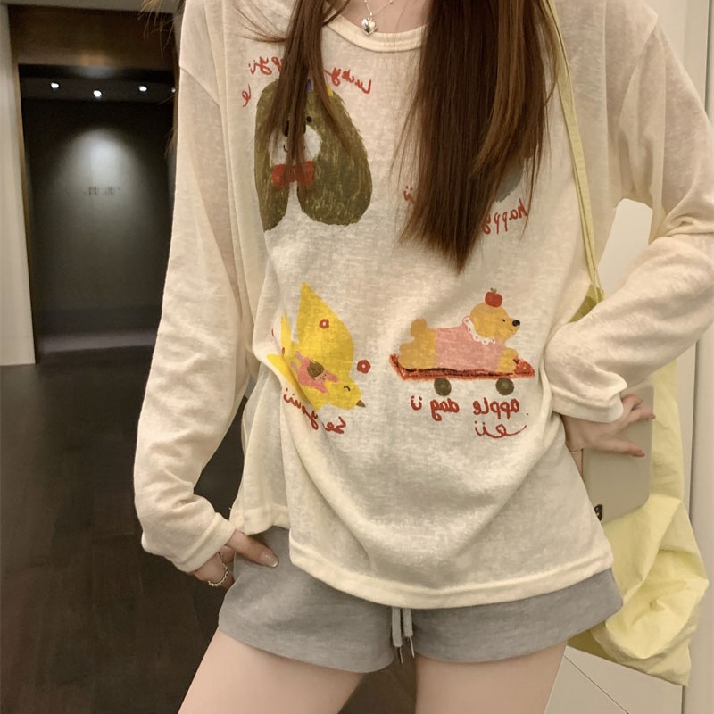 [오리지널 패브릭 자외선 차단 의류] 여름 여성을 위한 개 프린트 긴팔 티셔츠 자외선 차단 블라우스 얇고 게으른 스타일