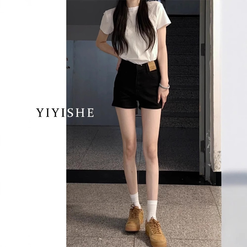 American Black Denim Shorts for Women 2025 Summer New Style Petite High-Waisted Sexy Elastic Wide-Leg A-Line Hot Pants