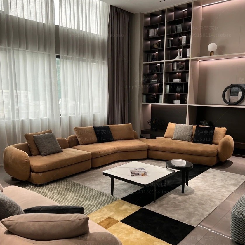 Sofá curvo minimalista italiano, sofá de esquina irregular, sofá de alta densidad, sofá combinado de forma especial
