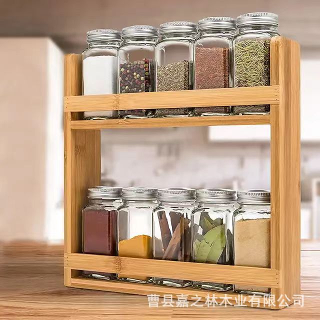 Modern minimalist kitchen solid wood storage rack without punching seasoning wooden storage rack multi-functional creative double-layer display rack