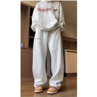 fleece-lined Vintage Autumn Grey Hooded Sweatshirt Two-piece Set Women's Loose Casual Sportswear suit Fashion ootd